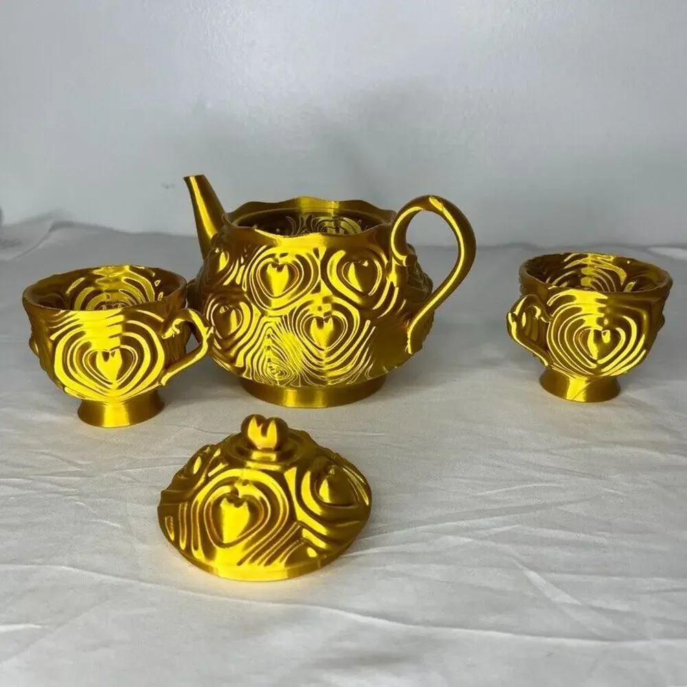 Gold Heart Tea Set Teapot with 2 Cups Ornate Textured Design Decorative Plastic